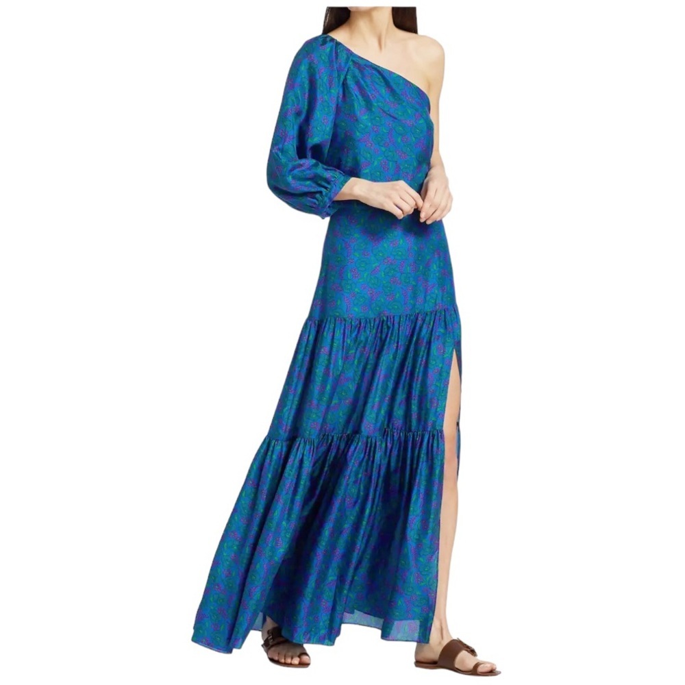 Veronica Beard Teal Blue One-Shoulder Tiered Maxi Skirt